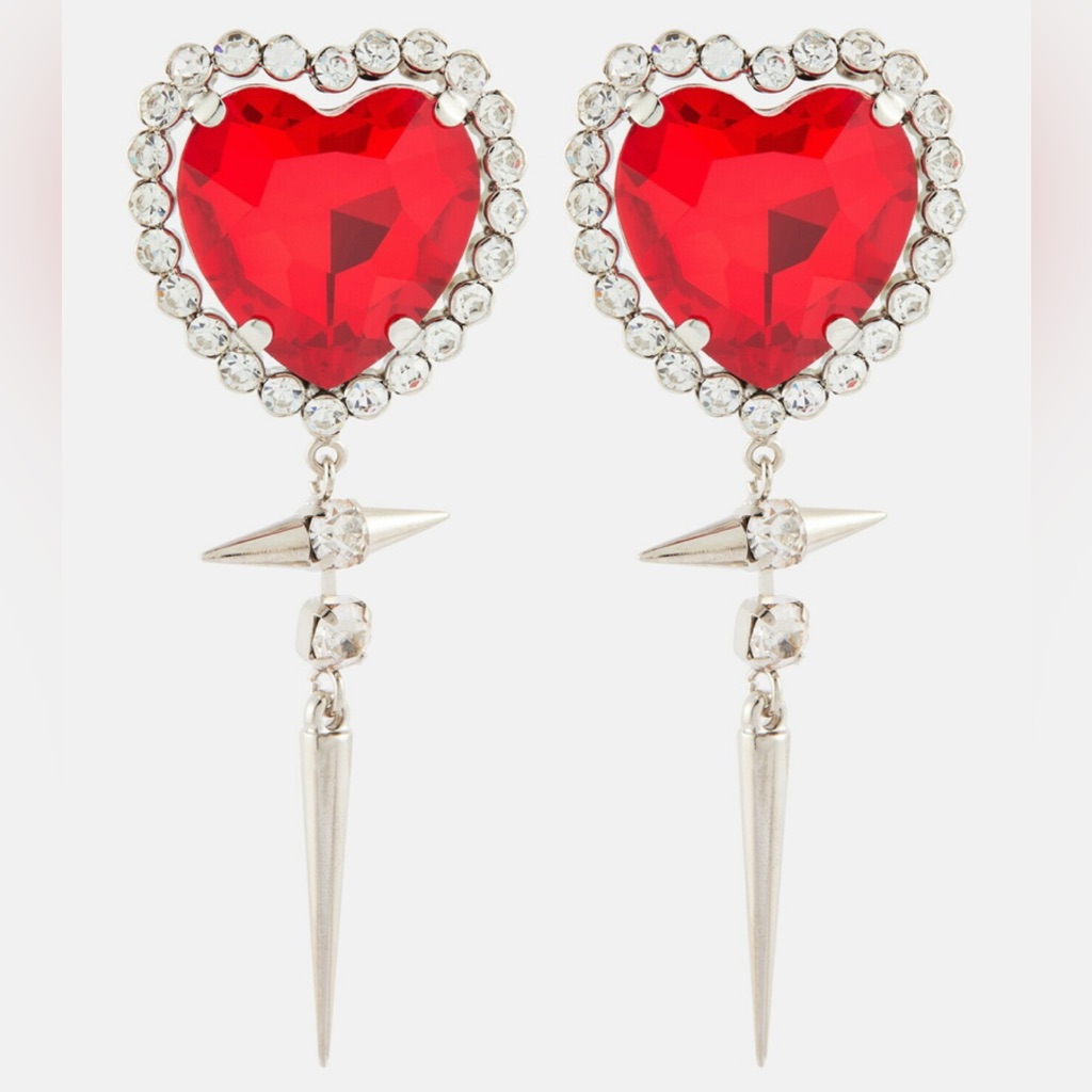 Alessandra Rich Red Heart Earrings With Silver Spikes